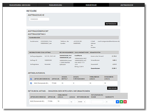 sshot_aroma_Instore Modul_Retouren Die Auftragssuche, die Auftragsübersicht sowie die Auftragsdetails einer Retoure, die im OMS aroma® aufgerufen werden kann.