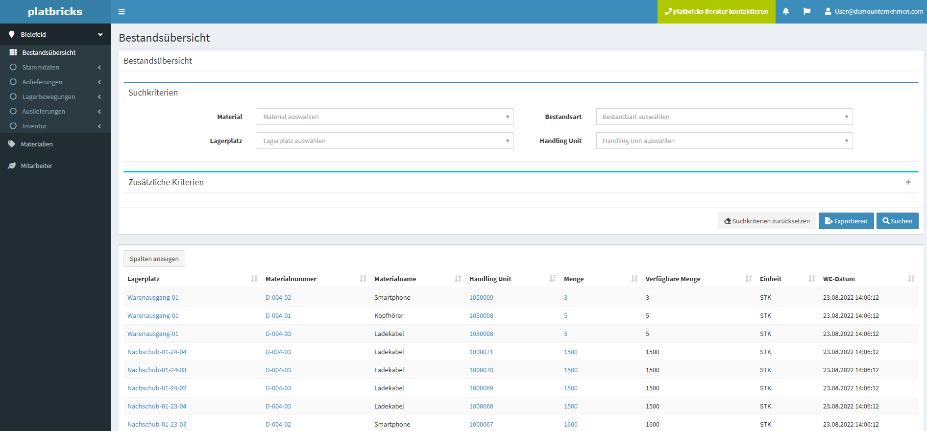 Bestandsverwaltung - platbricks® WMS